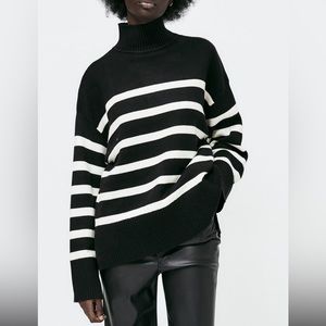 Zara black white tripe mock neck sweater size M